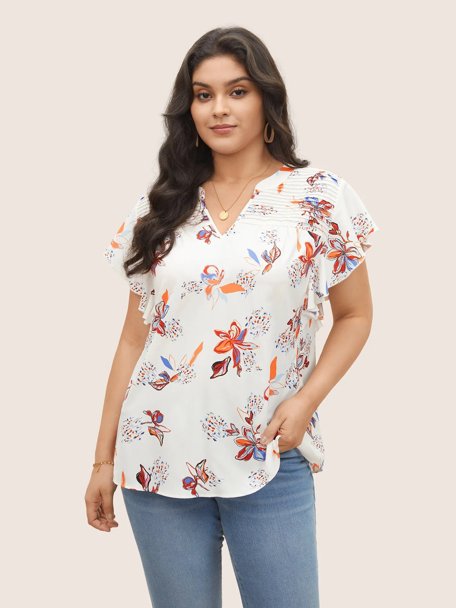 Floral Pleated Ruffle Cap Sleeve Blouse sold by Bloomchic