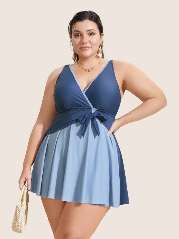 Contrast V Neck Tie Knot Swim Dress sold by Bloomchic