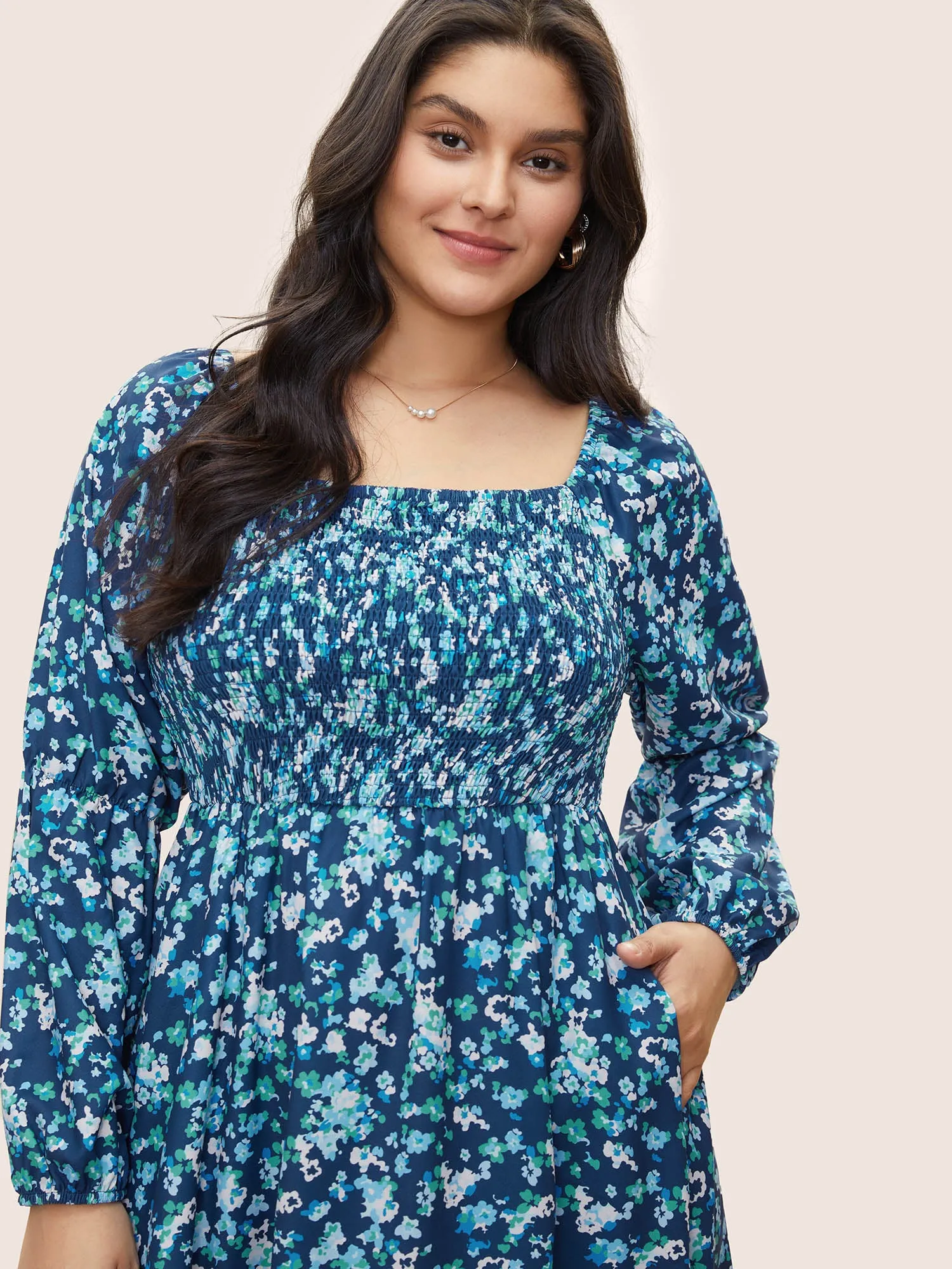 Square Neck Ditsy Floral Shirred Elastic Waist Dress sold by Bloomchic product image thumbnail 4