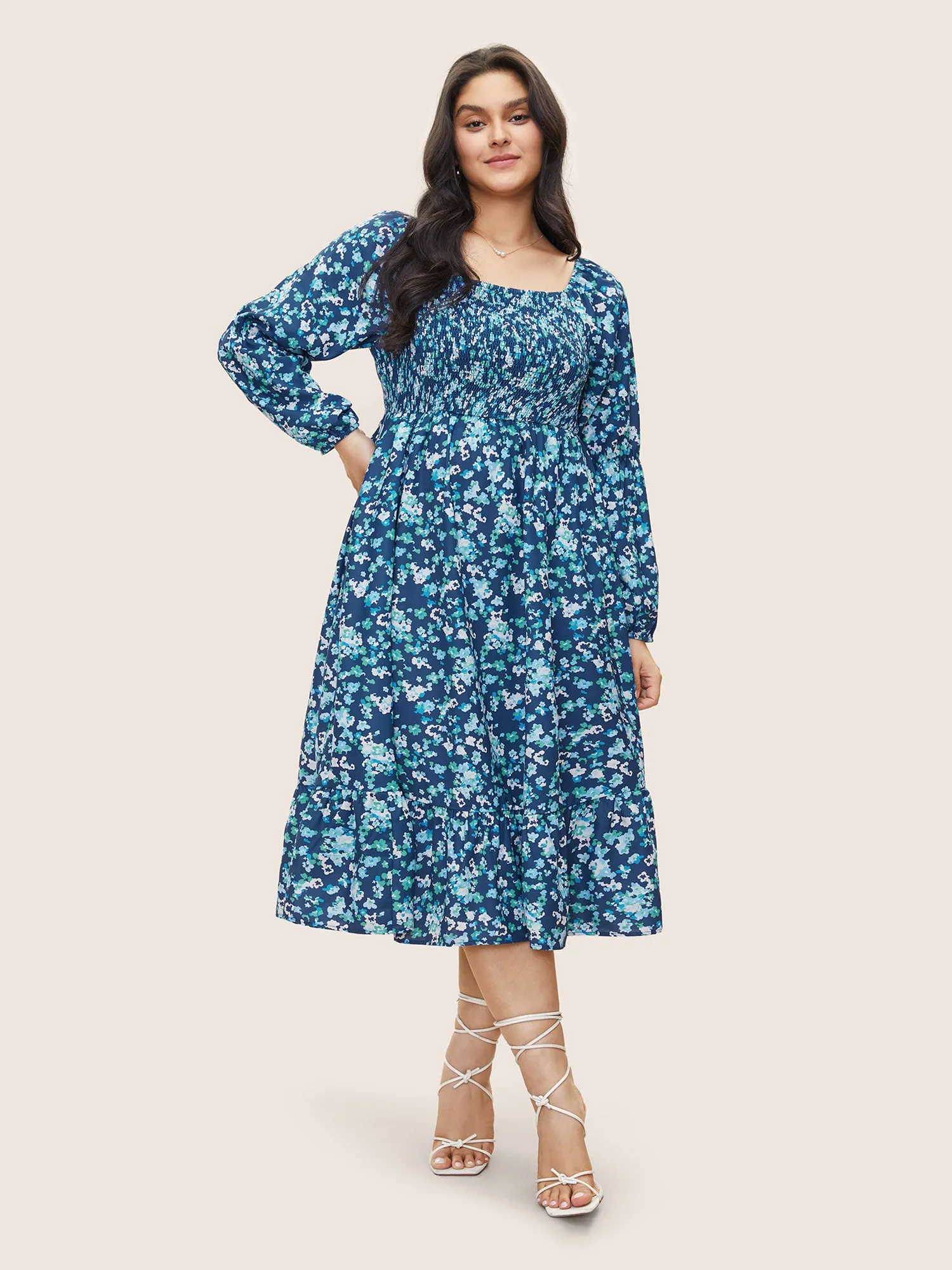 Square Neck Ditsy Floral Shirred Elastic Waist Dress sold by Bloomchic