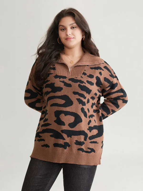 Leopard Graphic Half Zip Polo Knit Pullover sold by Bloomchic