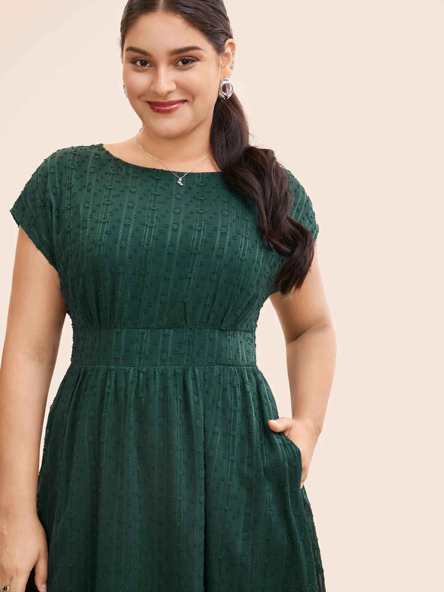 Jacquard Mesh Cap Sleeve Shirred Dress sold by Bloomchic product image thumbnail 2
