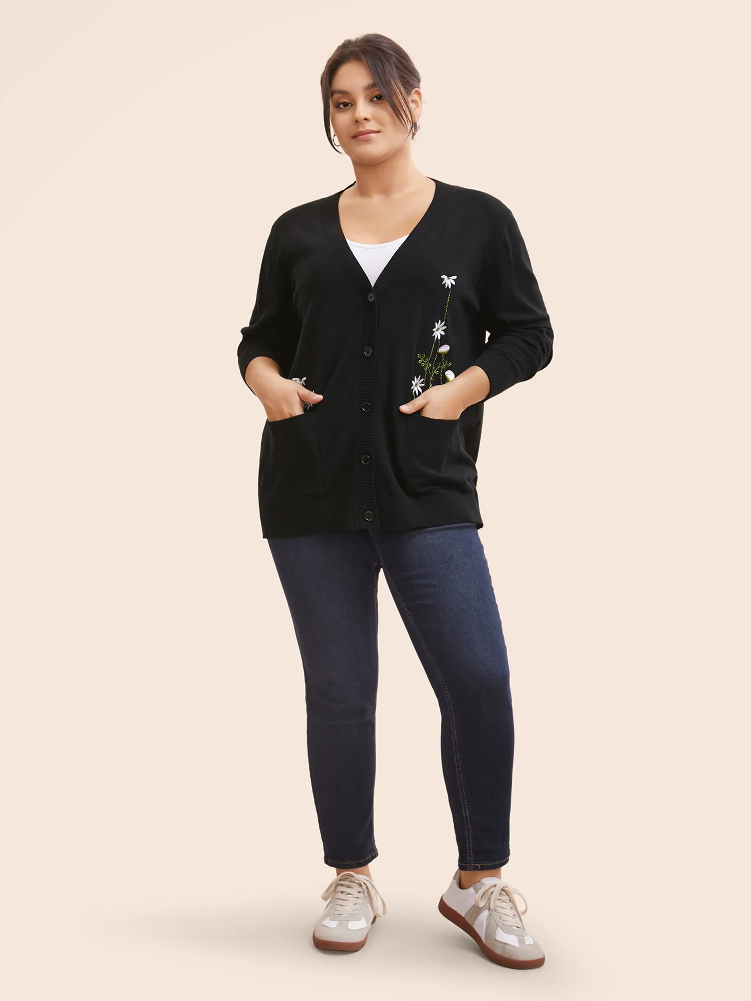 Floral Embroidered Patched Pocket Cardigan sold by Bloomchic product image thumbnail 3