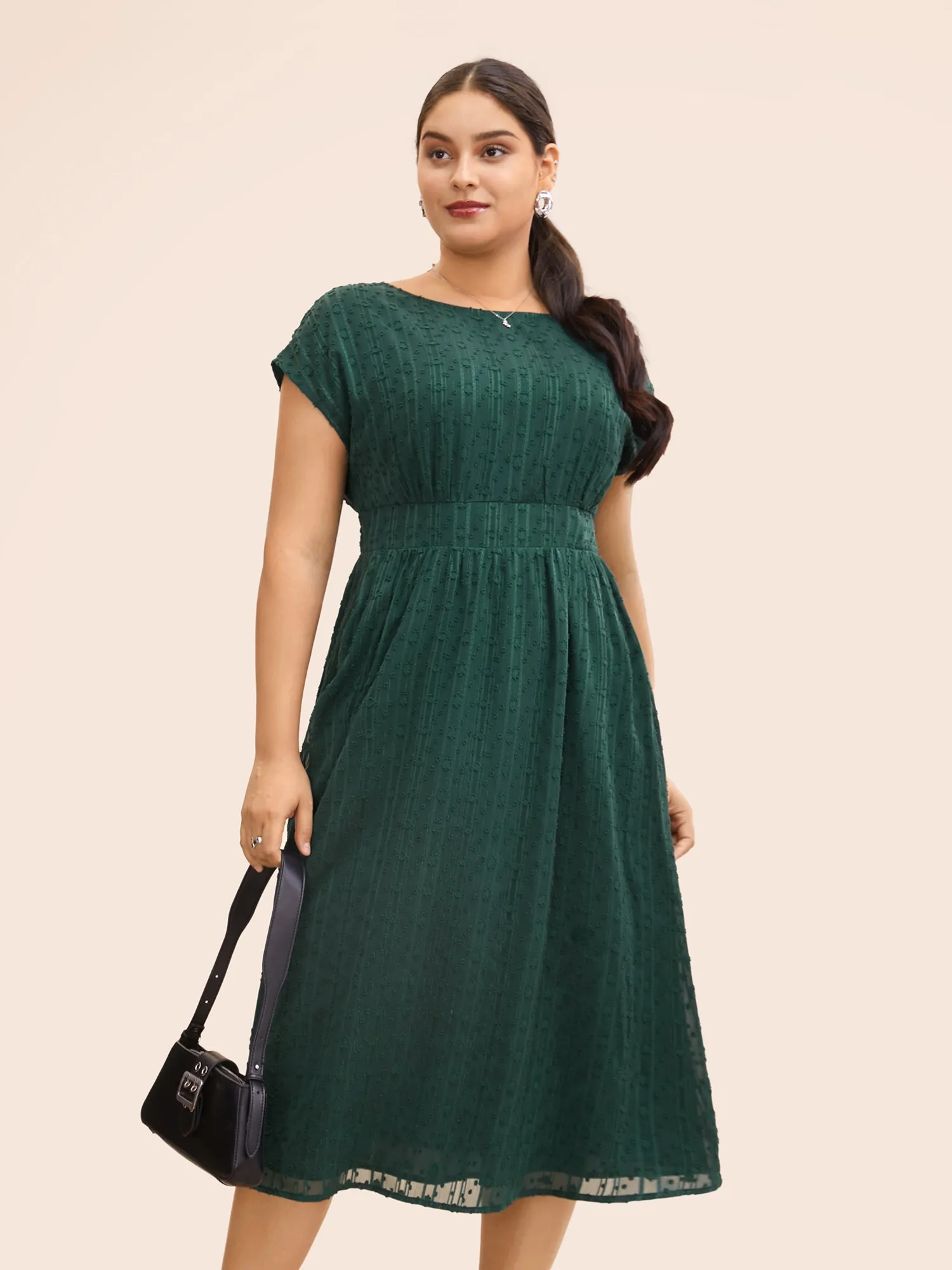 Jacquard Mesh Cap Sleeve Shirred Dress sold by Bloomchic product image thumbnail 4