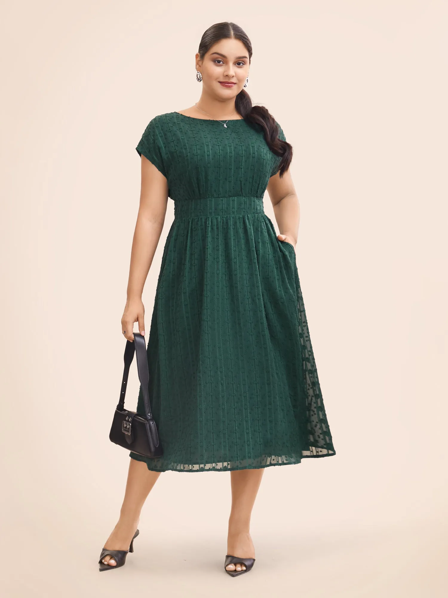Jacquard Mesh Cap Sleeve Shirred Dress sold by Bloomchic
