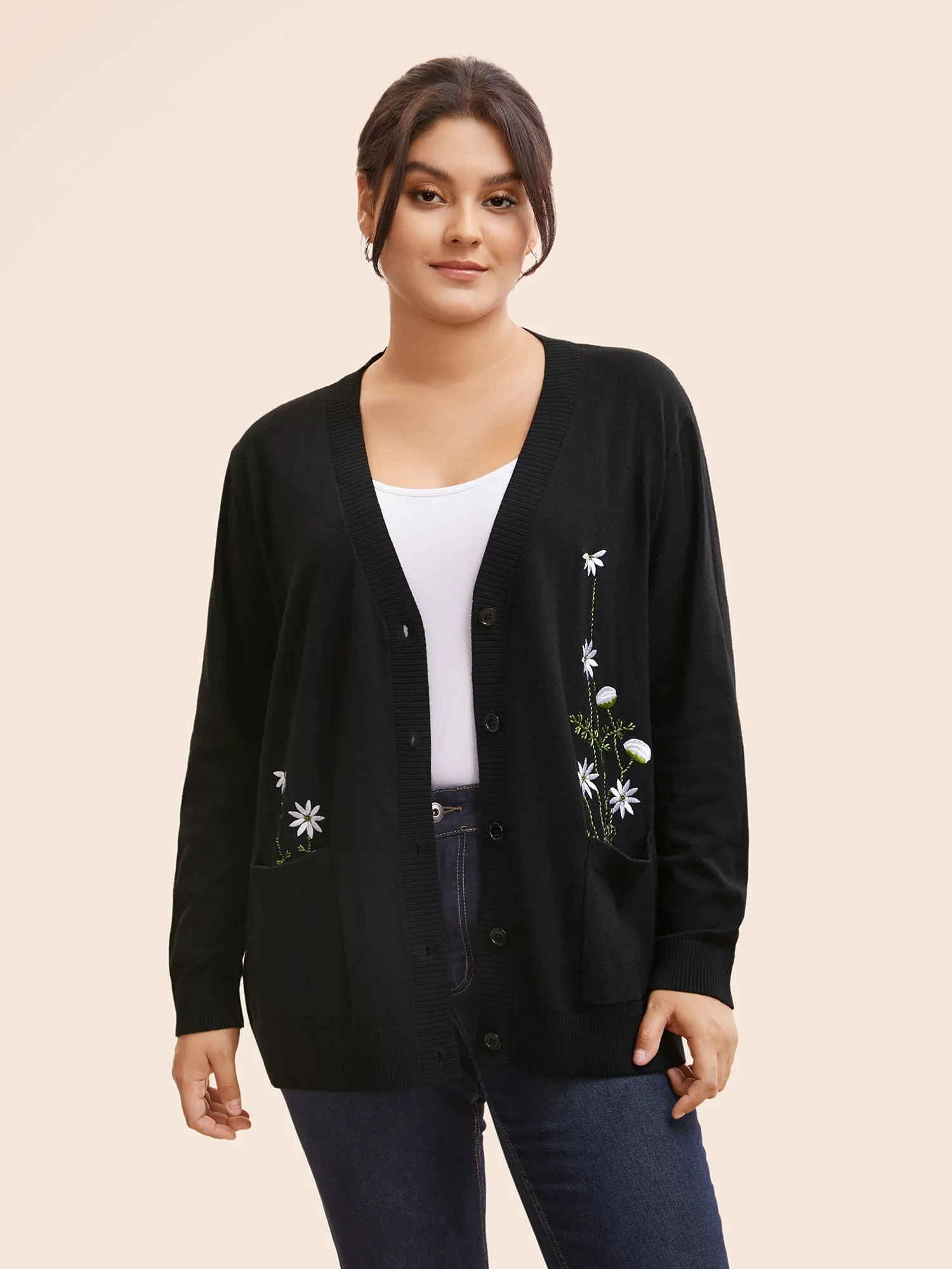 Floral Embroidered Patched Pocket Cardigan sold by Bloomchic