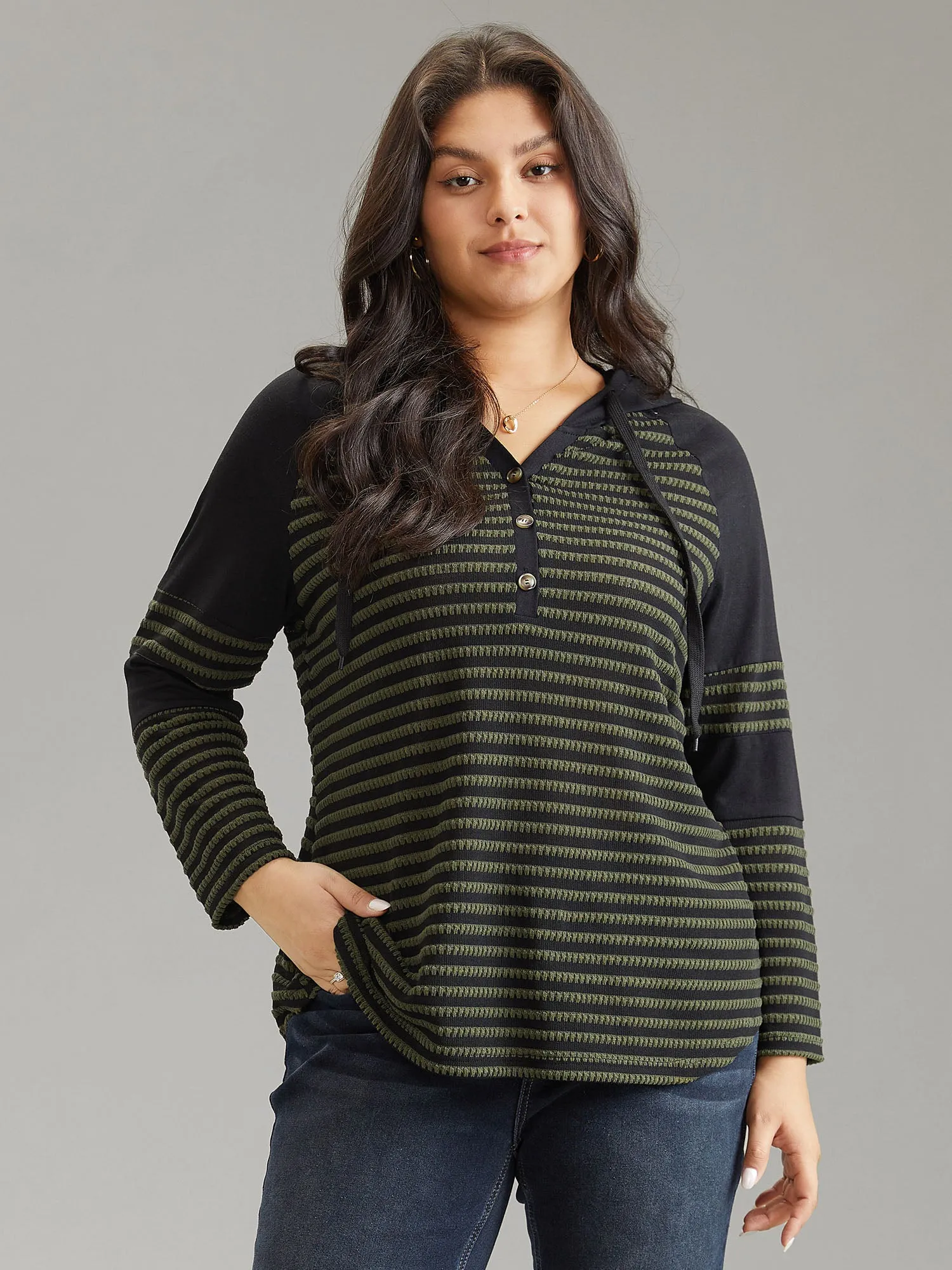 Textured Patchwork Hooded Raglan Sleeve T-shirt sold by Bloomchic