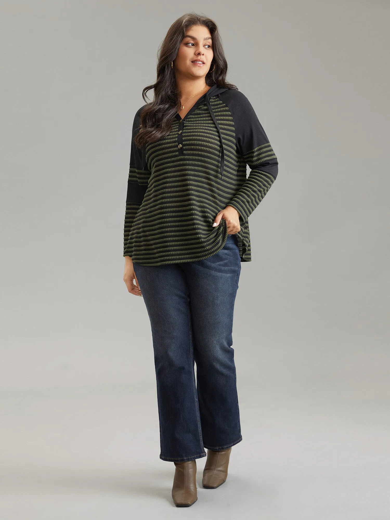 Textured Patchwork Hooded Raglan Sleeve T-shirt sold by Bloomchic product image thumbnail 3