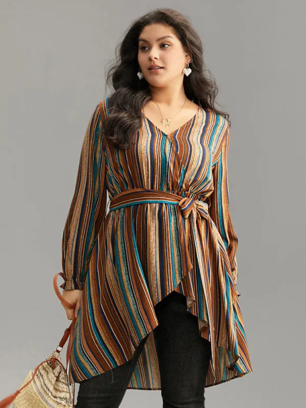 Striped Overlap Collar Arc Hem Belted Blouse sold by Bloomchic