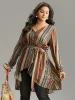 Striped Overlap Collar Arc Hem Belted Blouse sold by Bloomchic