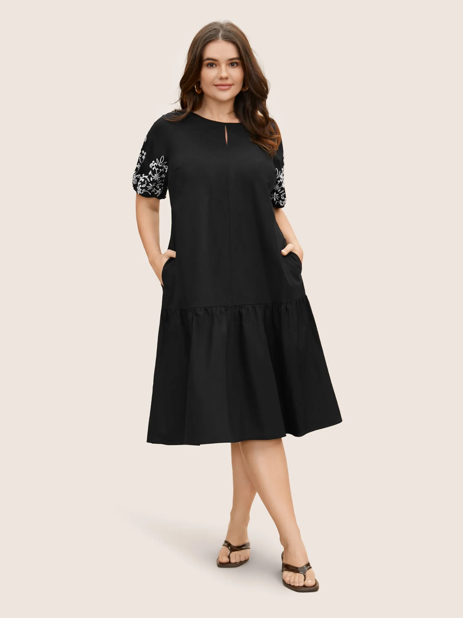 Floral Embroidered Keyhole Lantern Sleeve Dress sold by Bloomchic