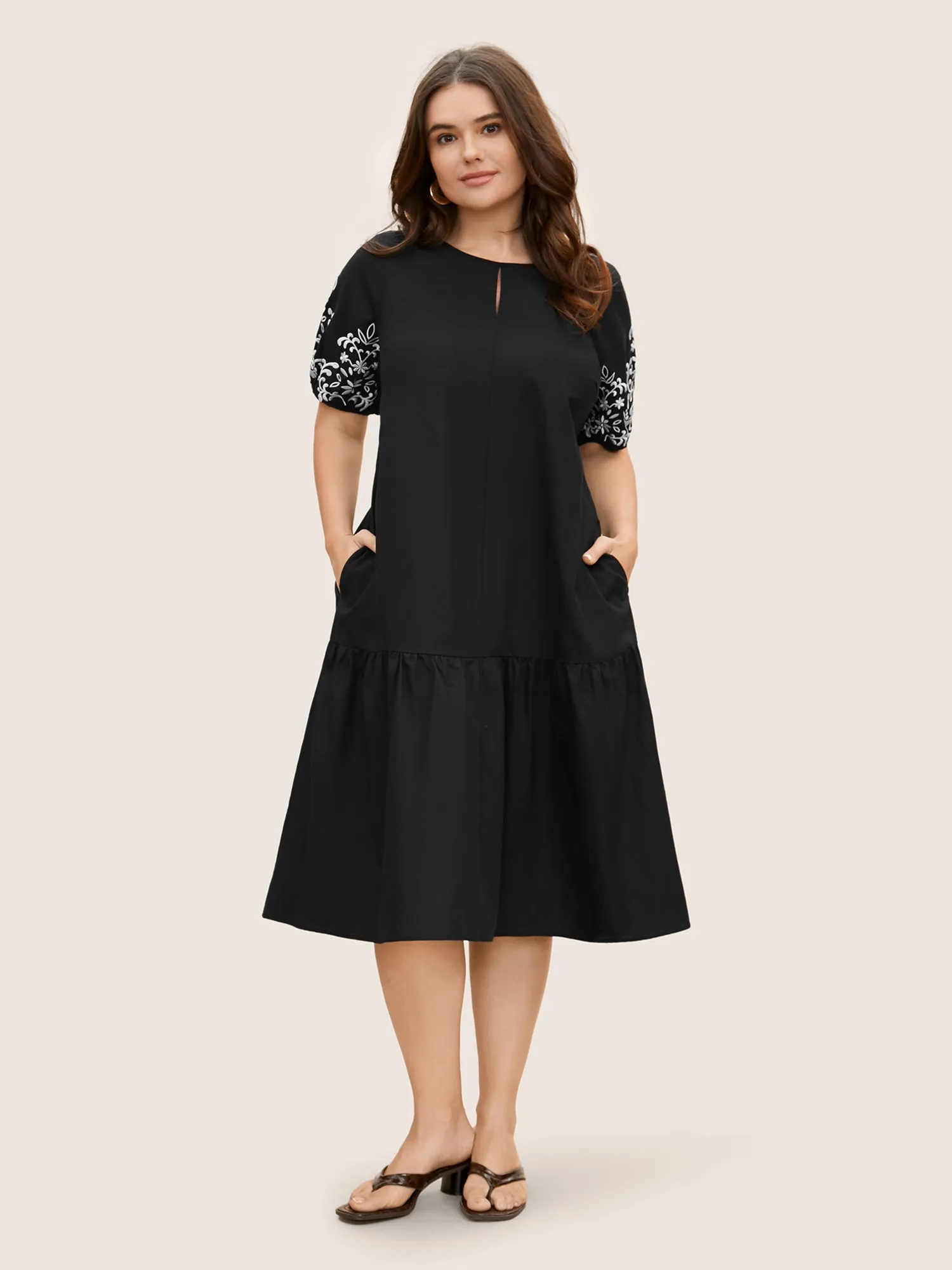 Floral Embroidered Keyhole Lantern Sleeve Dress sold by Bloomchic product image thumbnail 2