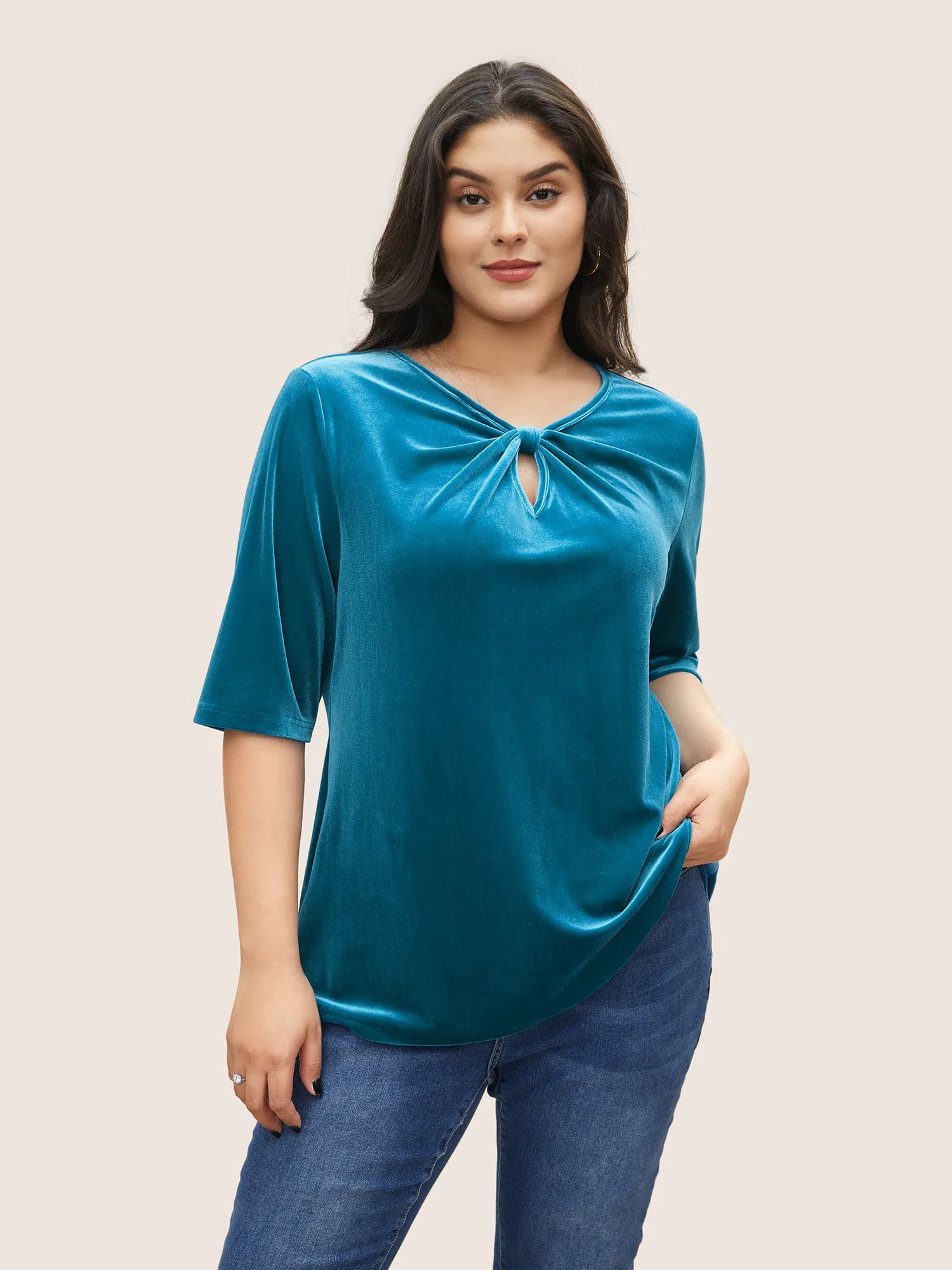 Plain Velvet Keyhole Twist Front Blouse sold by Bloomchic
