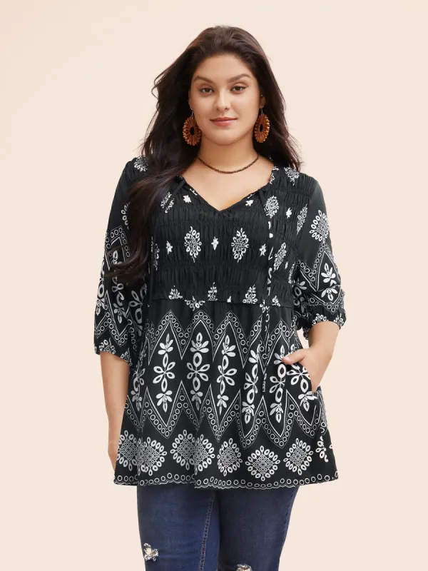 Boho Print Shirred Pocket Tie Knot Blouse sold by Bloomchic
