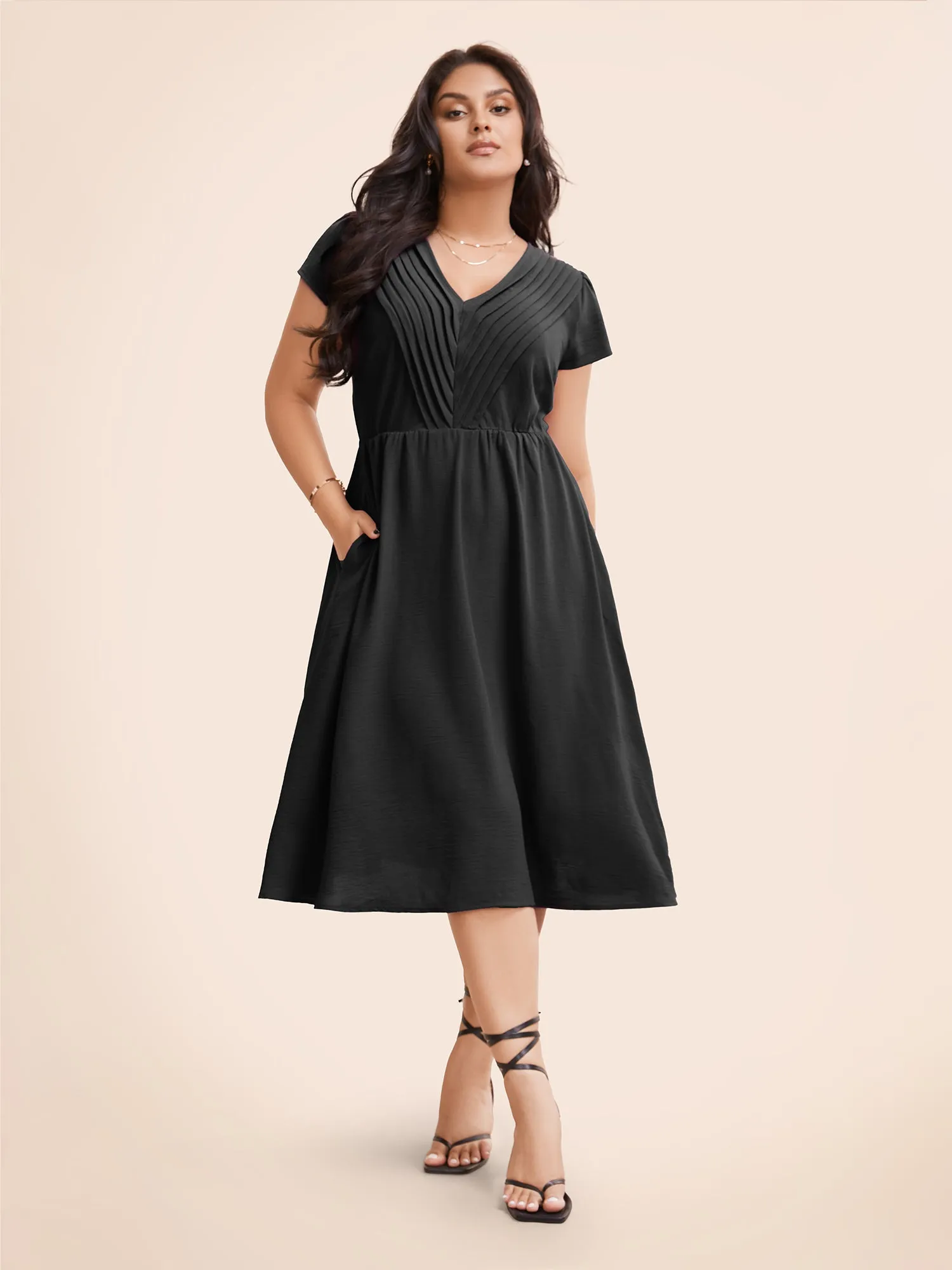 Solid Ruffle Trim V Neck Pocket Pleated Front Dress sold by Bloomchic product image thumbnail 3