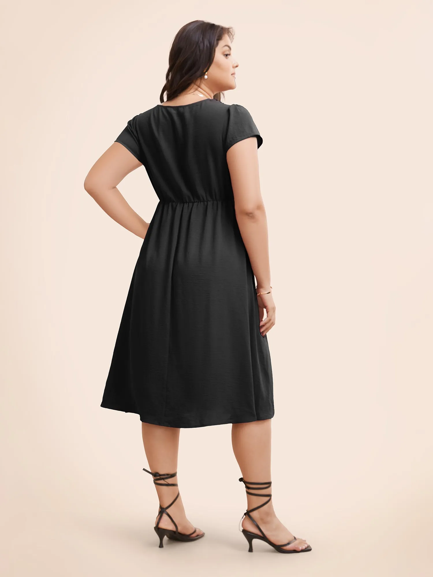 Solid Ruffle Trim V Neck Pocket Pleated Front Dress sold by Bloomchic product image thumbnail 4
