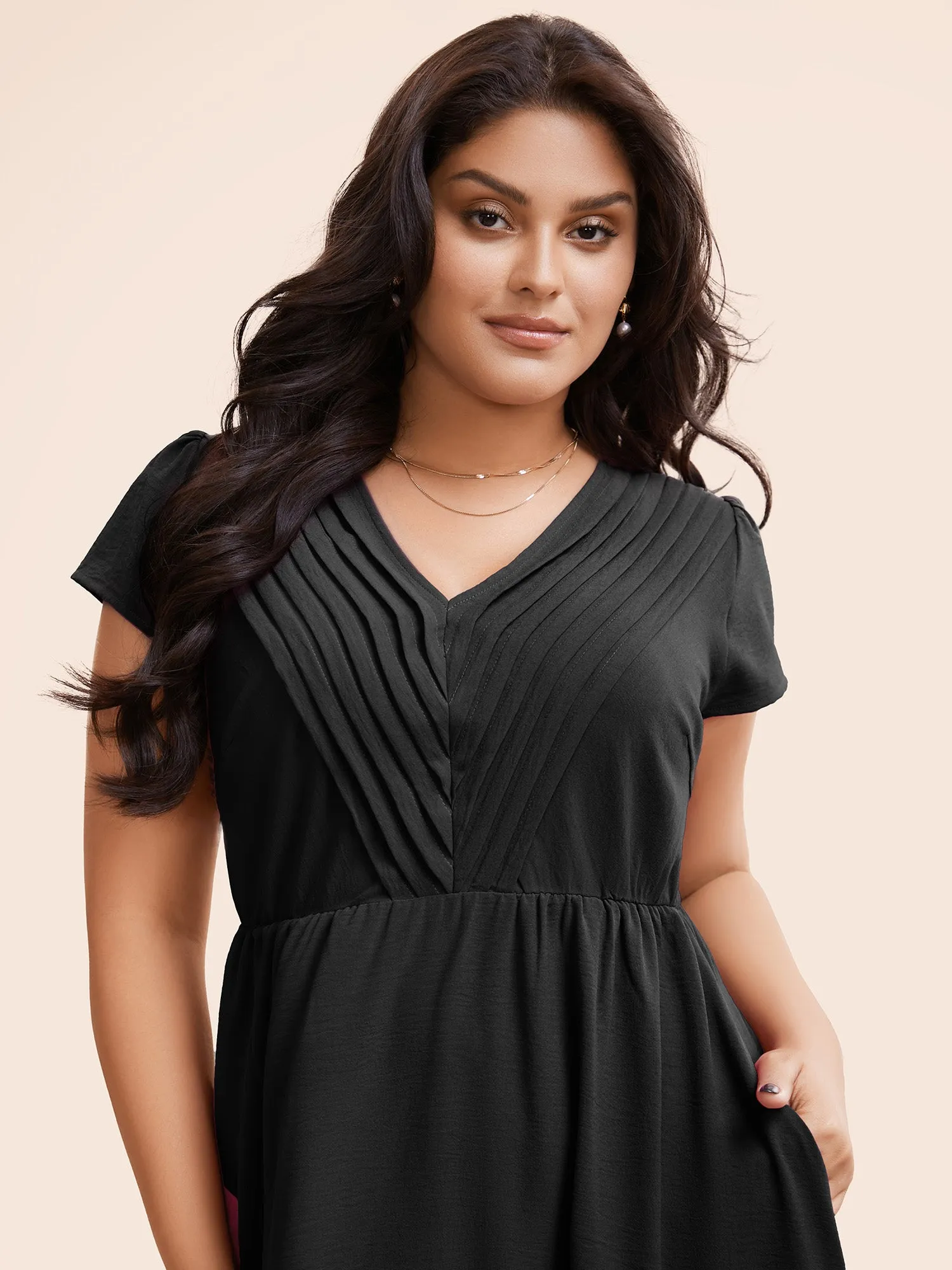 Solid Ruffle Trim V Neck Pocket Pleated Front Dress sold by Bloomchic product image thumbnail 2