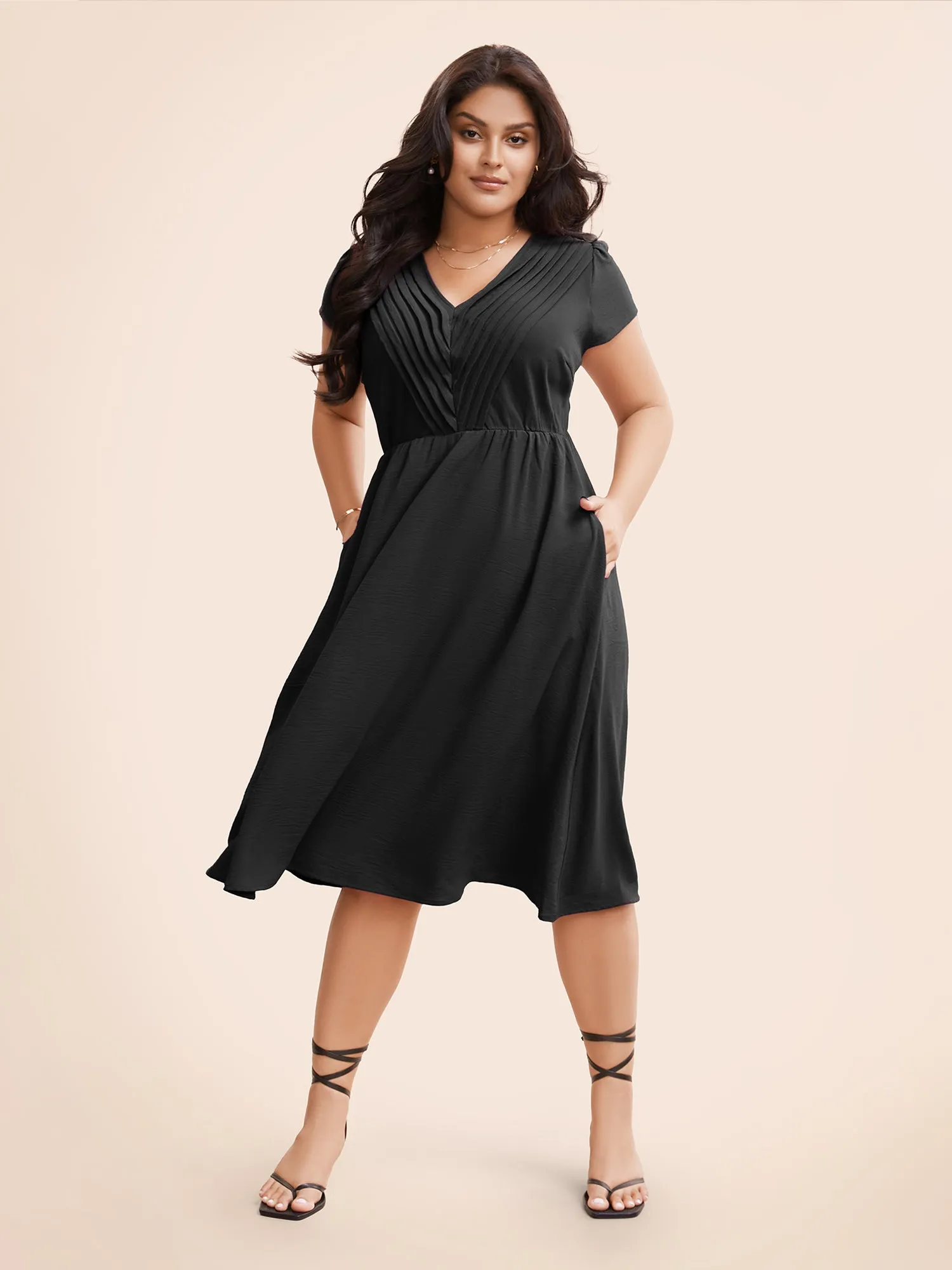 Solid Ruffle Trim V Neck Pocket Pleated Front Dress sold by Bloomchic