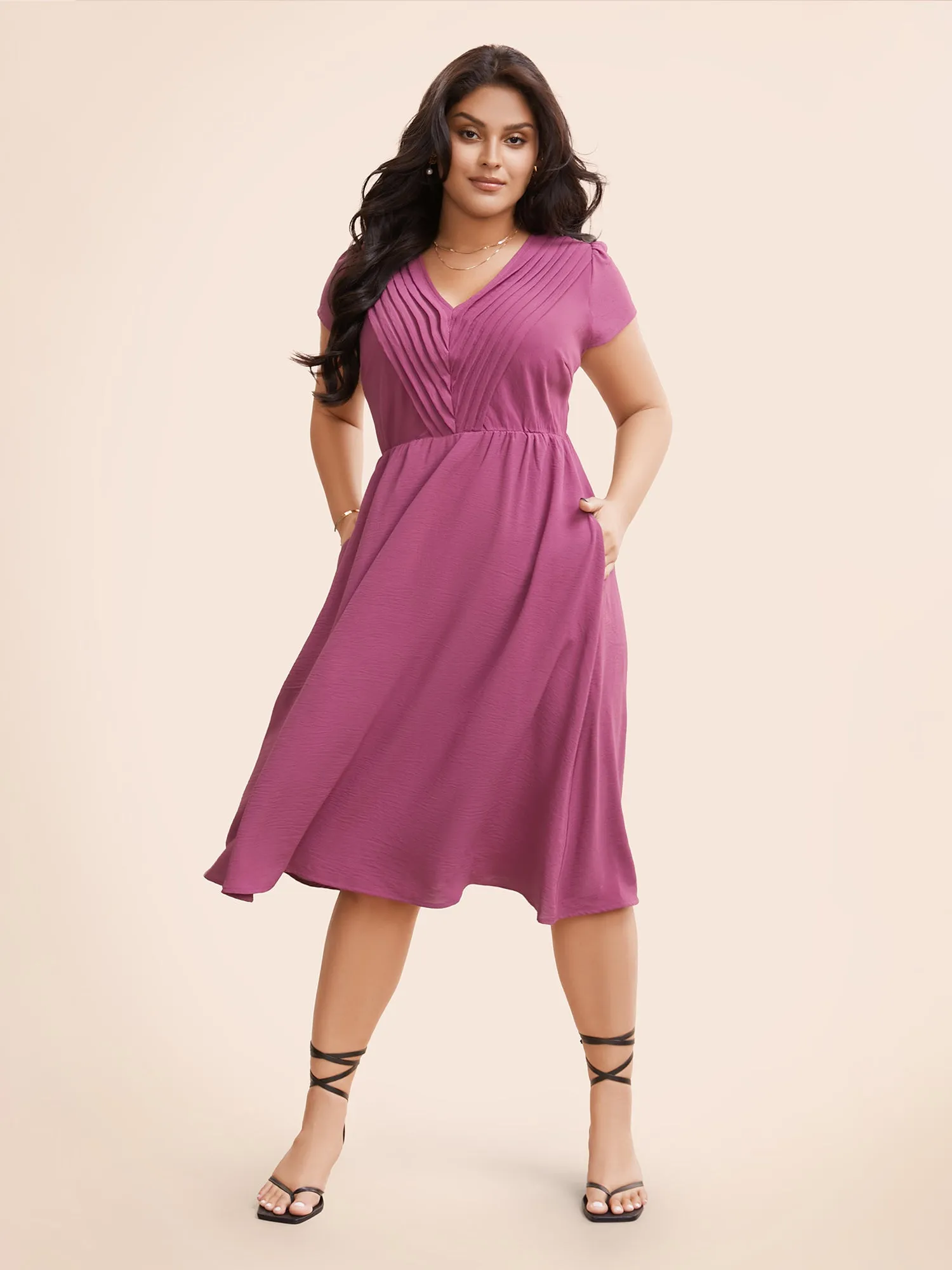 Solid Ruffle Trim V Neck Pocket Pleated Front Dress sold by Bloomchic product image thumbnail 5