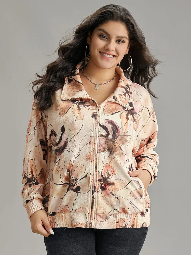 Floral Zipper Gathered Elastic Cuffs Jacket sold by Bloomchic