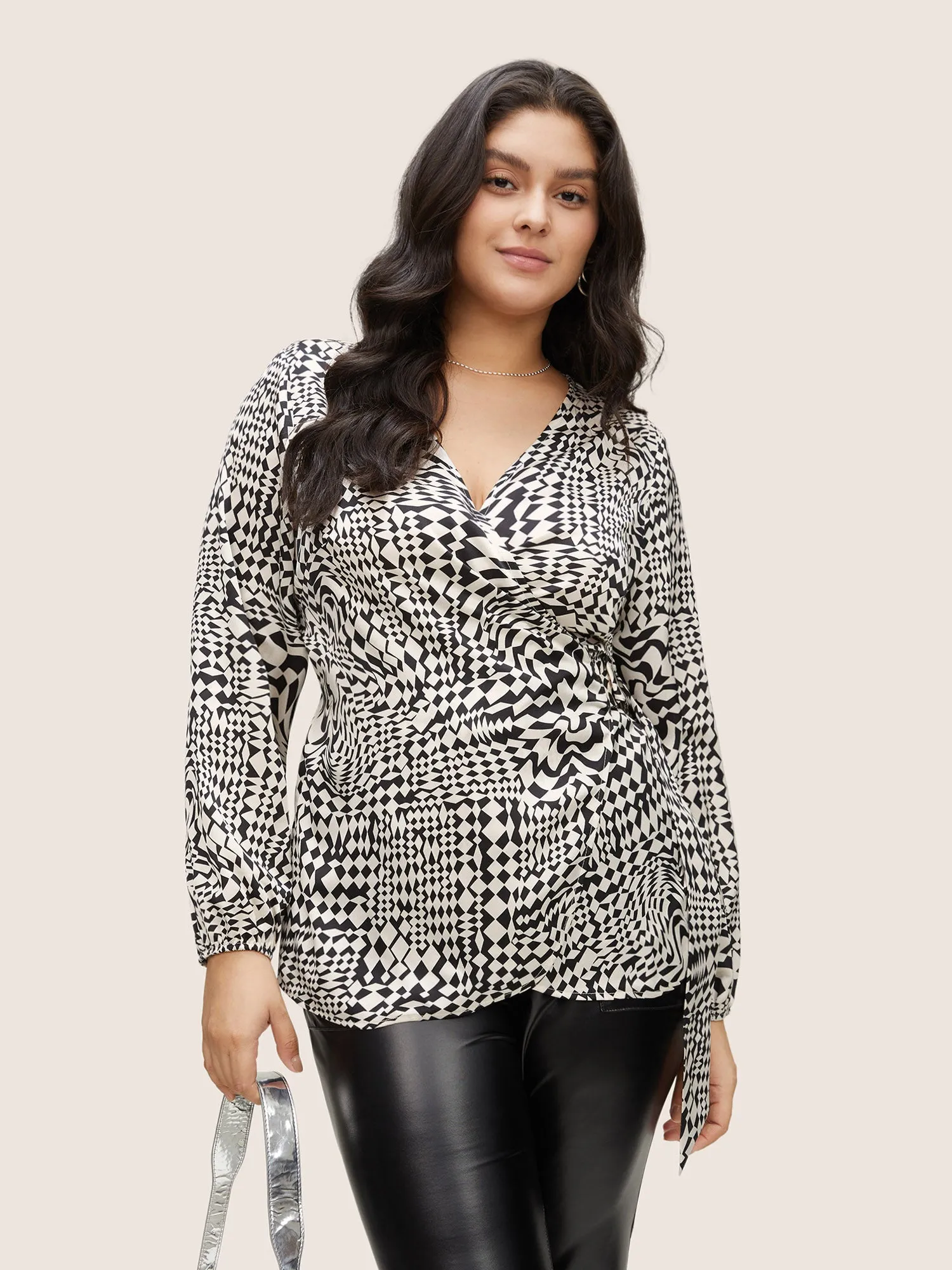 Asymmetrical Geometric Wrap Button Detail Blouse sold by Bloomchic