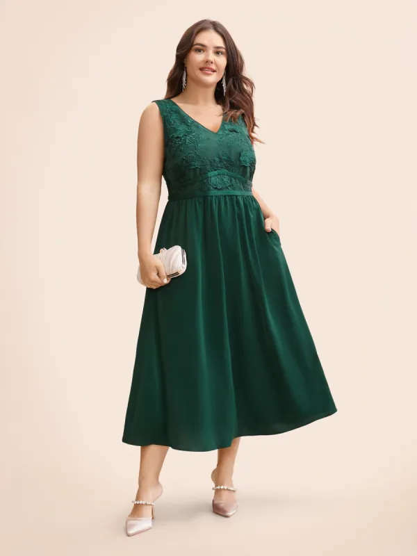 V Neck Embroidered Patchwork Gathered Dress sold by Bloomchic