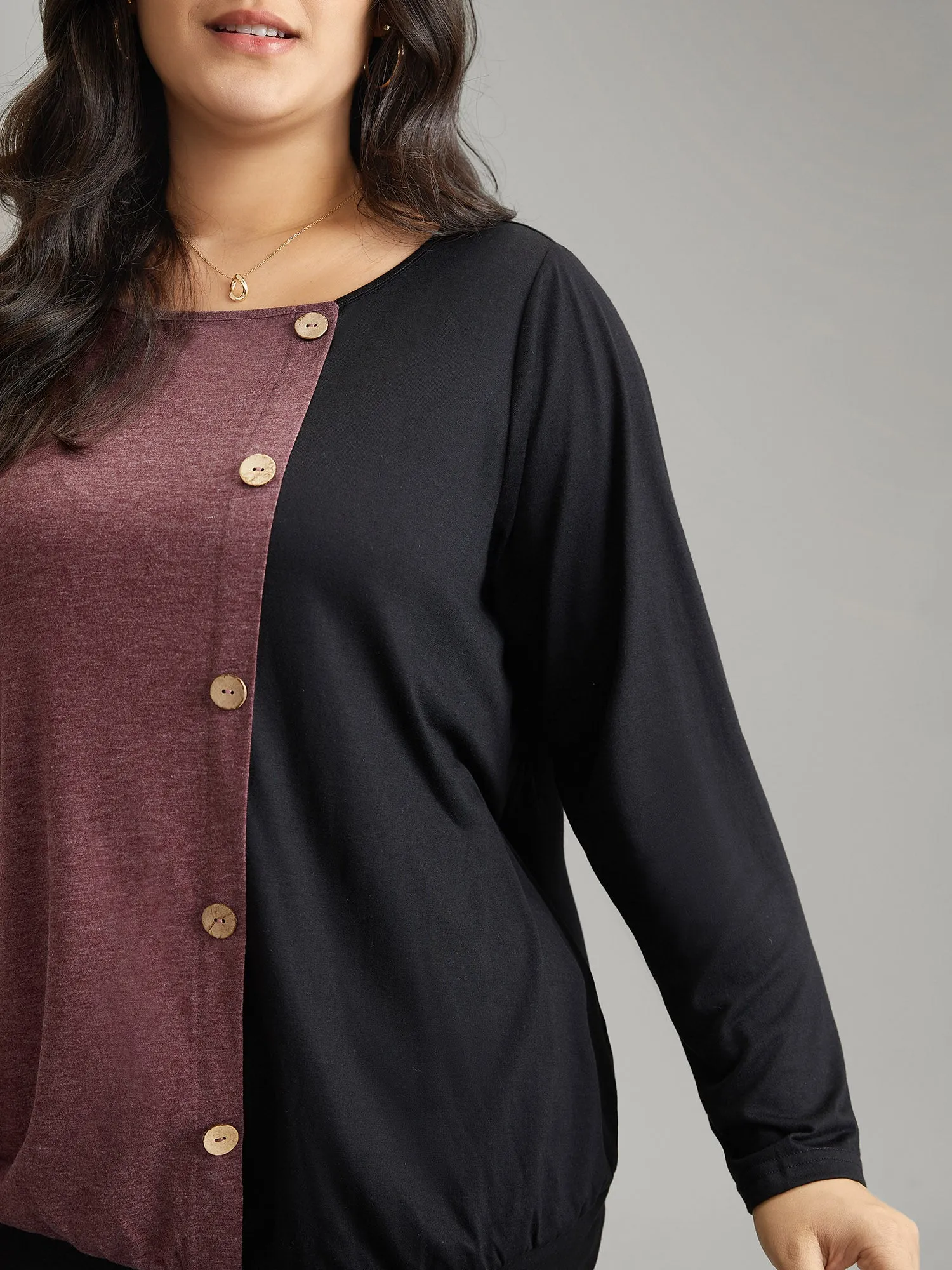 Two Tone Round Neck Button Detail T-shirt sold by Bloomchic product image thumbnail 5