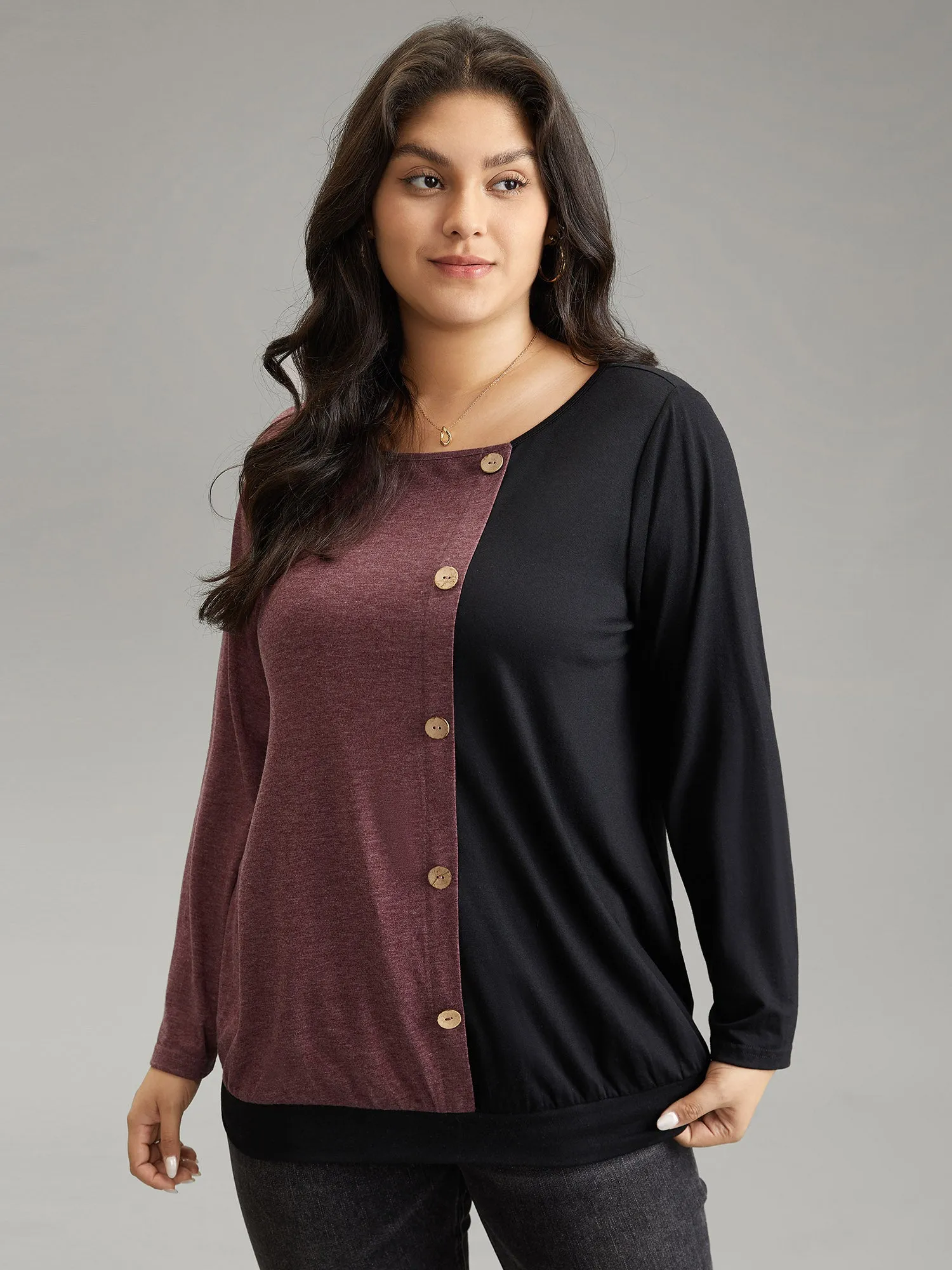 Two Tone Round Neck Button Detail T-shirt sold by Bloomchic product image thumbnail 3