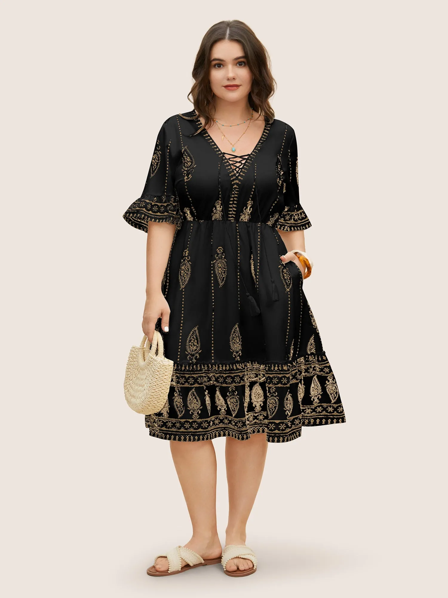 Boho Print Cross Straps Tassels Ruffles Dress sold by Bloomchic product image thumbnail 2