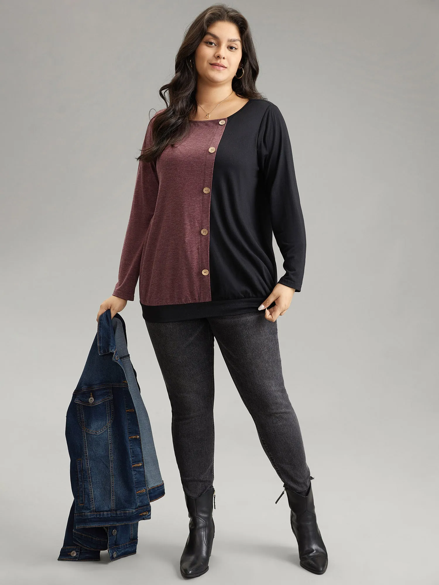 Two Tone Round Neck Button Detail T-shirt sold by Bloomchic product image thumbnail 4