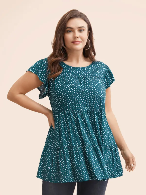 Allover Print Cap Sleeve Ruffle Hem Gathered Blouse sold by Bloomchic