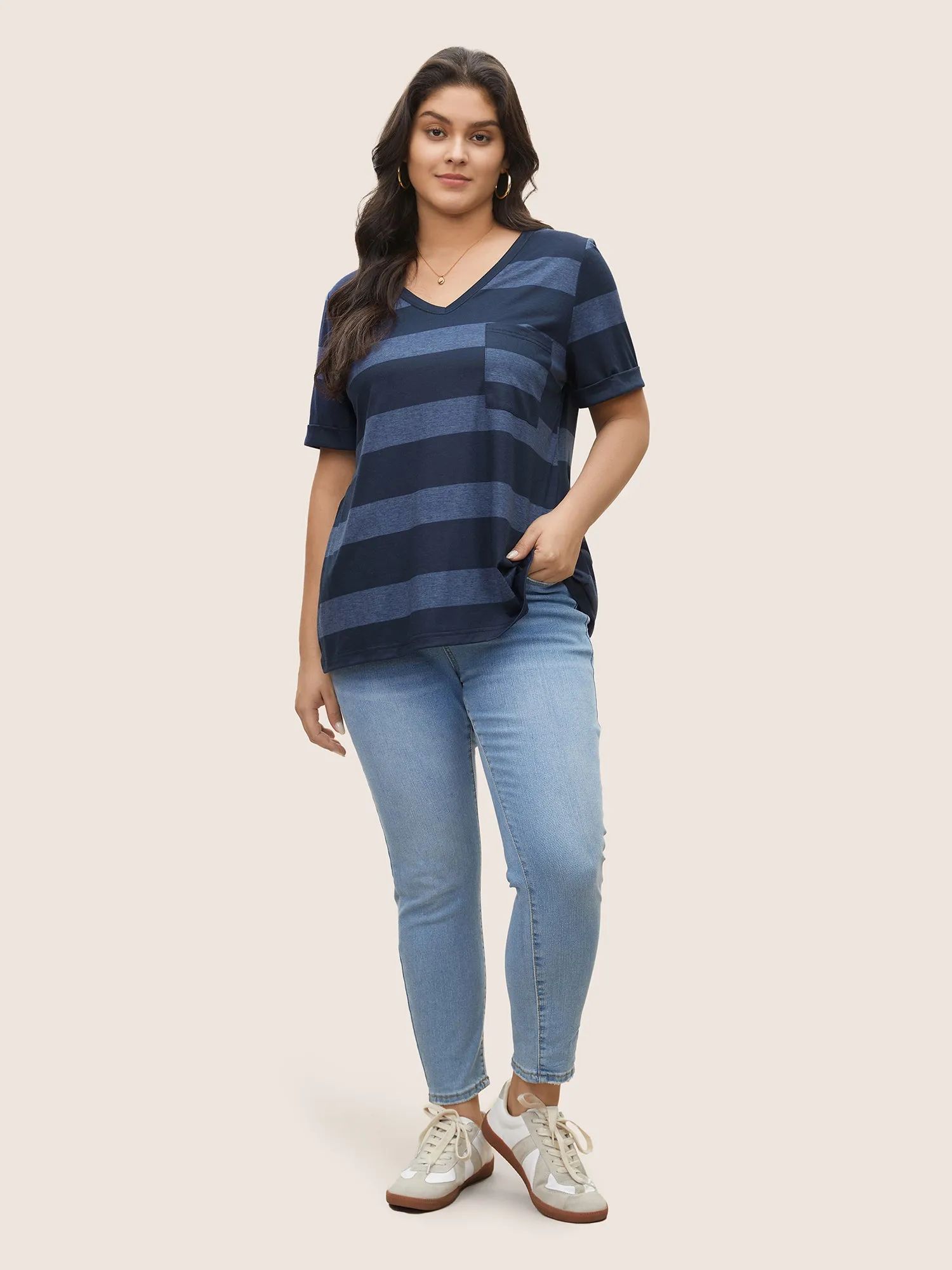 V Neck Striped Patched Pocket T-shirt sold by Bloomchic product image thumbnail 3