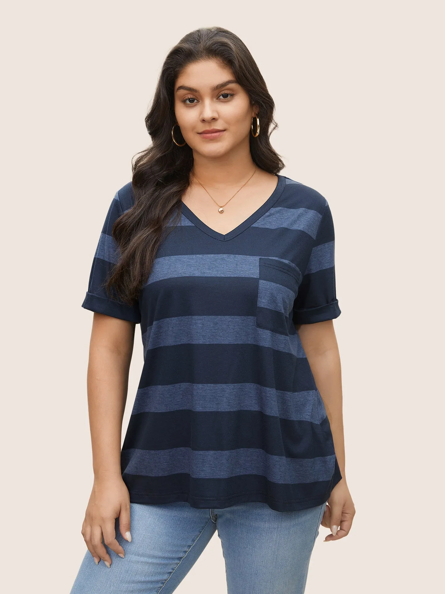 V Neck Striped Patched Pocket T-shirt sold by Bloomchic