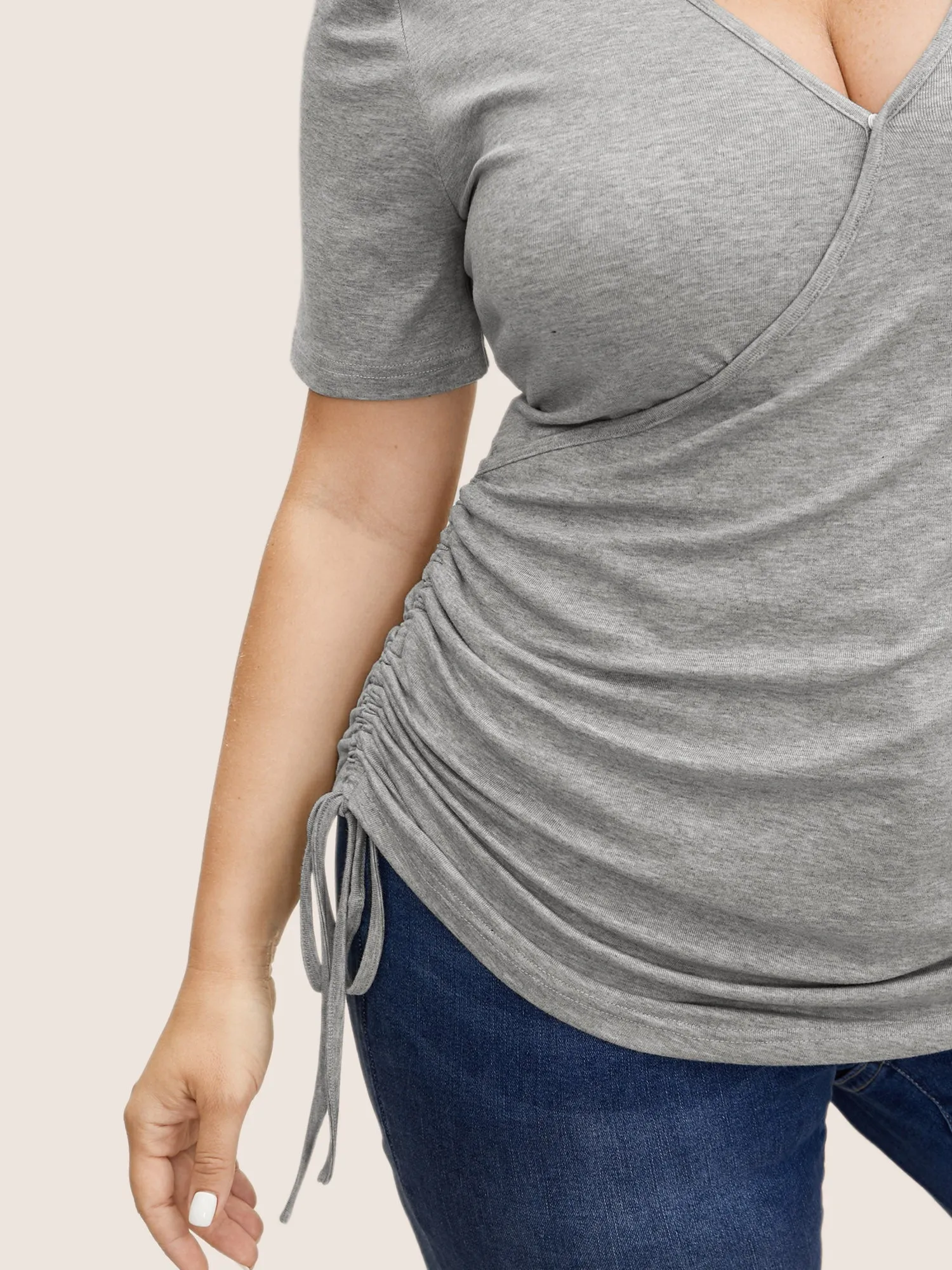Solid Overlap Collar Drawstring Gathered T-shirt sold by Bloomchic product image thumbnail 4