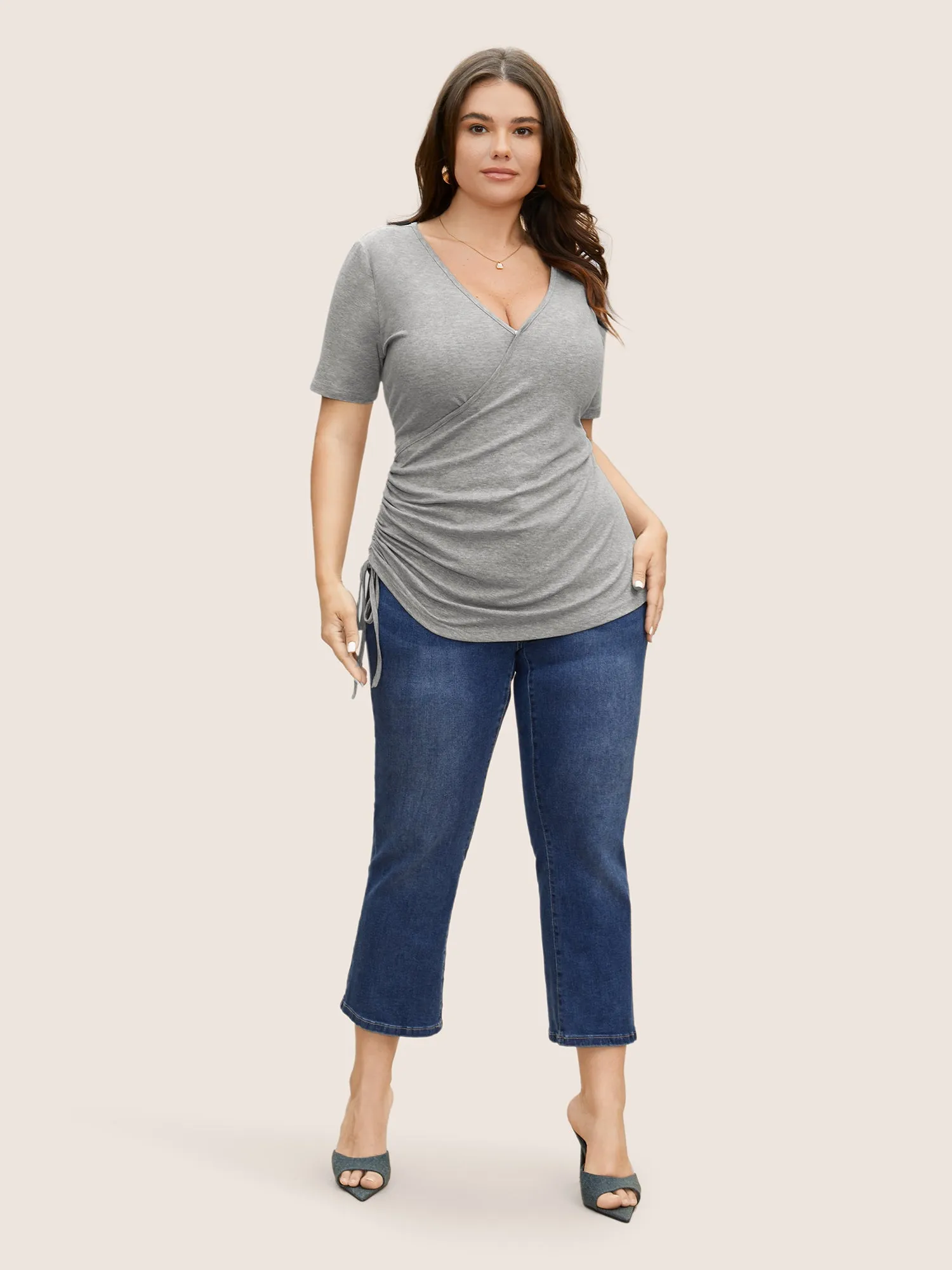 Solid Overlap Collar Drawstring Gathered T-shirt sold by Bloomchic product image thumbnail 3