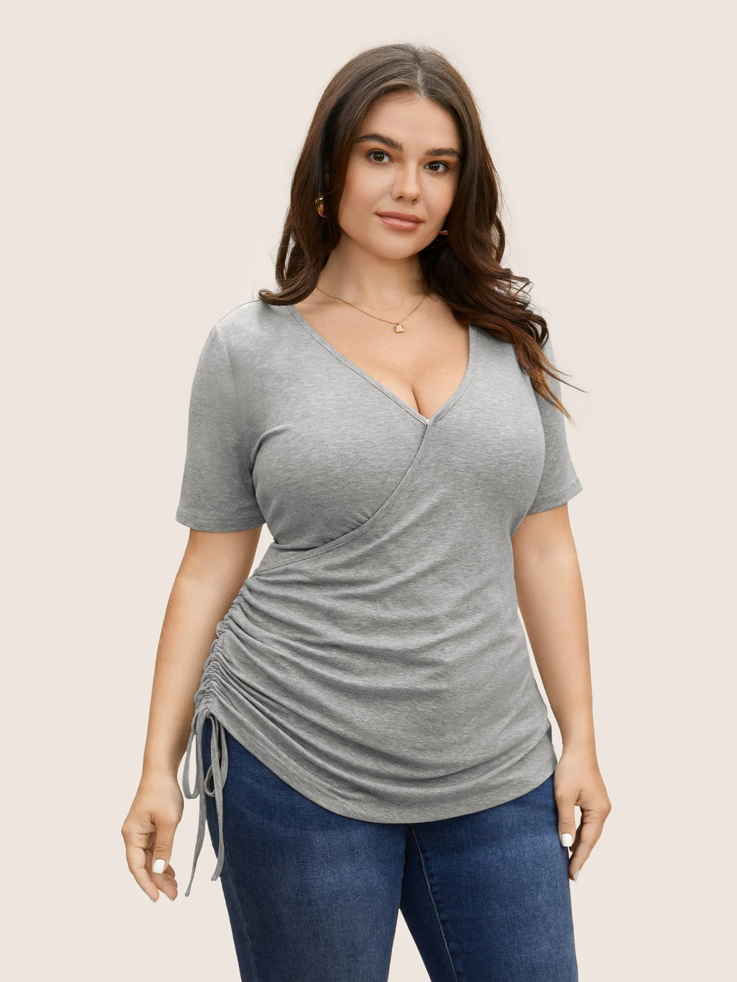 Solid Overlap Collar Drawstring Gathered T-shirt sold by Bloomchic