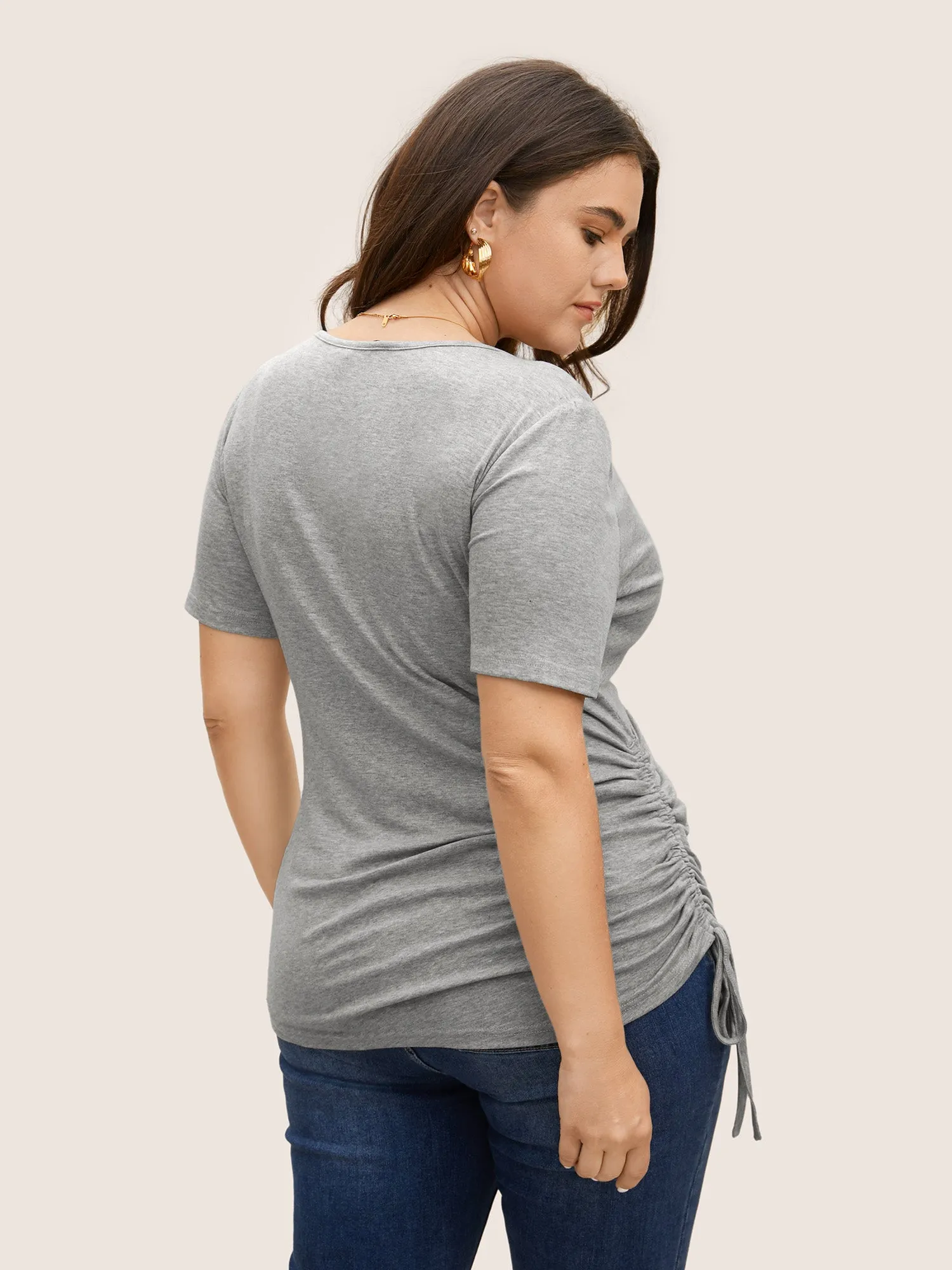 Solid Overlap Collar Drawstring Gathered T-shirt sold by Bloomchic product image thumbnail 2