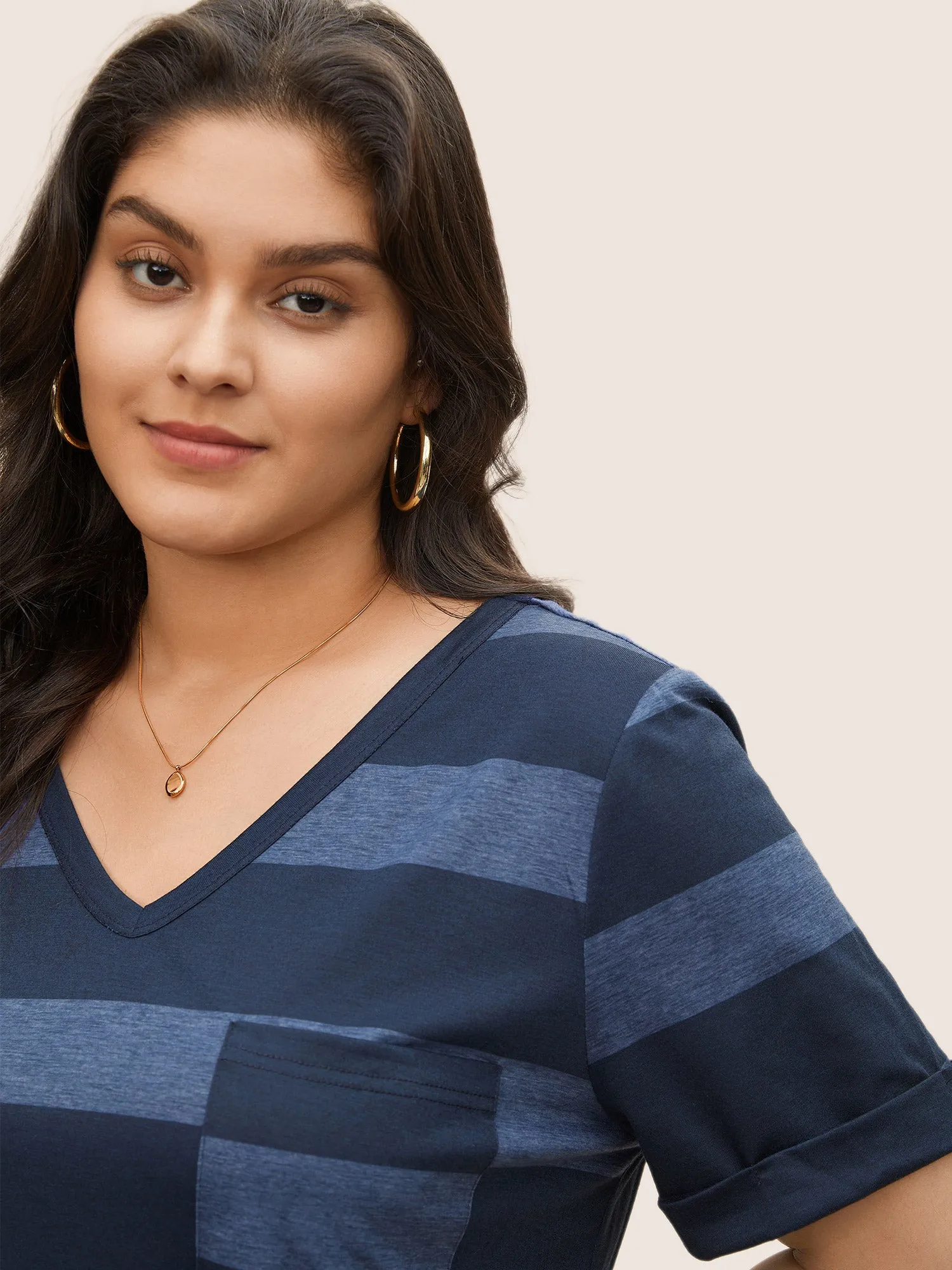 V Neck Striped Patched Pocket T-shirt sold by Bloomchic product image thumbnail 4