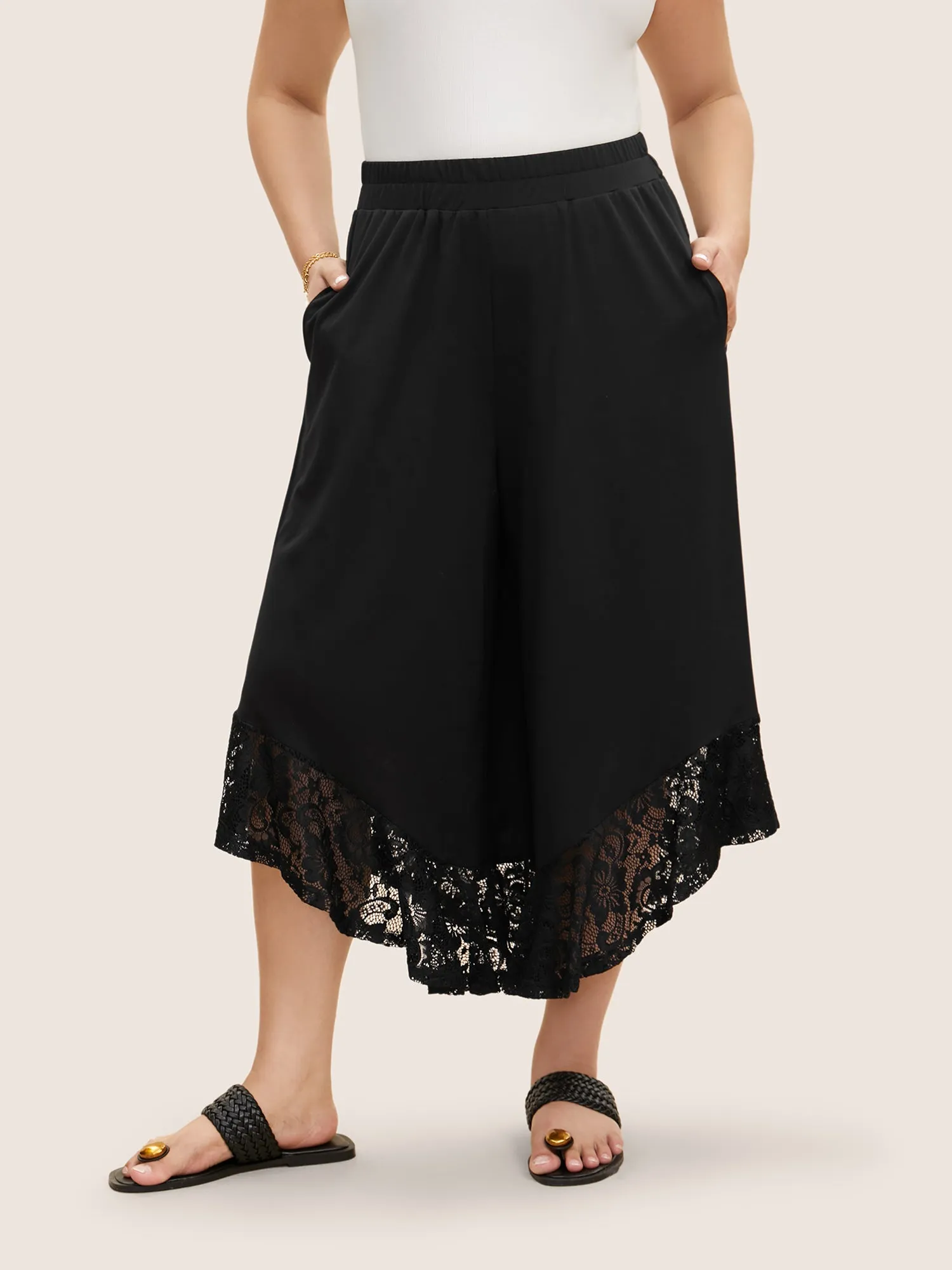 Lace Patchwork Mesh Wide Leg Cropped Pants sold by Bloomchic