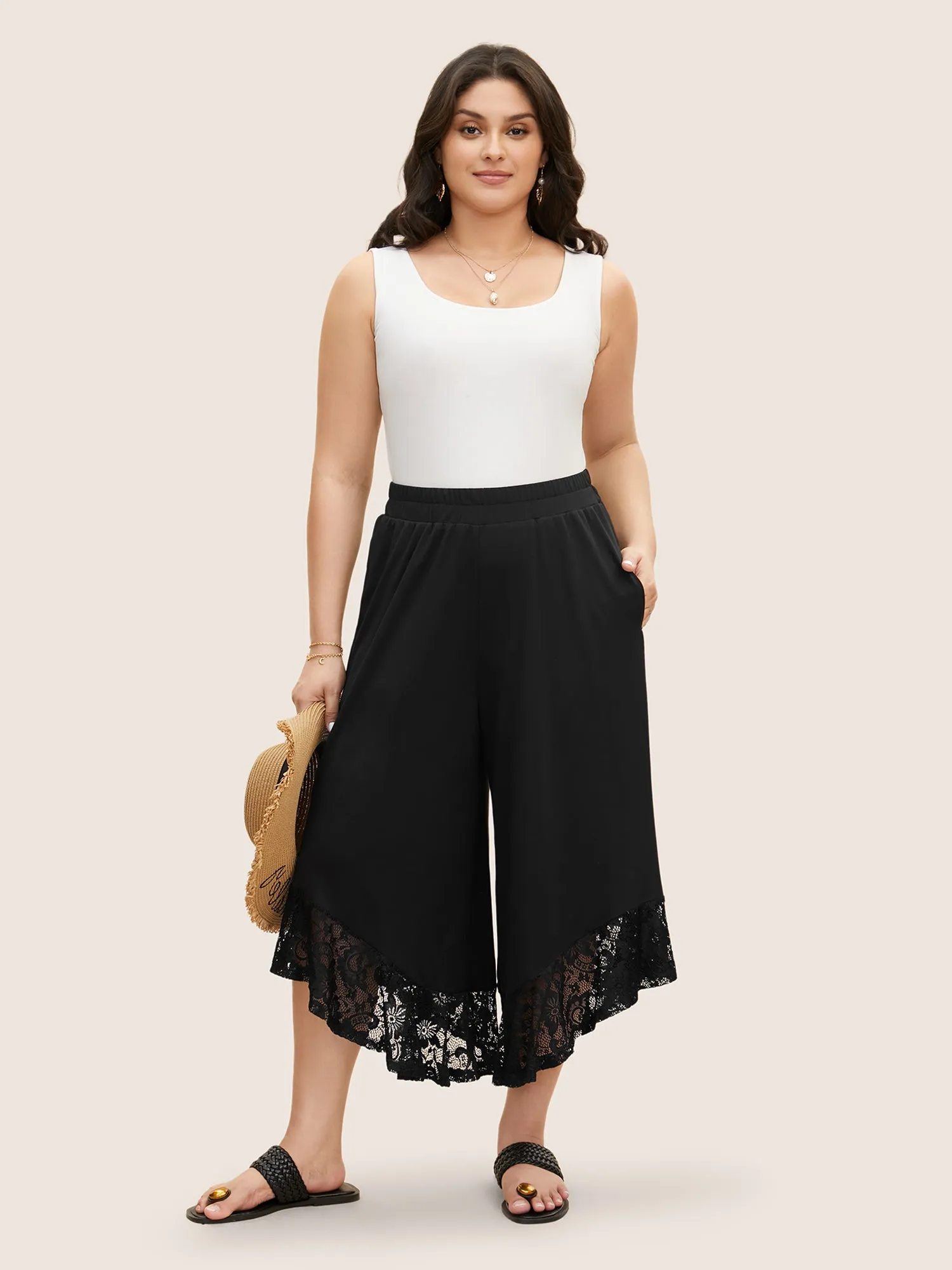 Lace Patchwork Mesh Wide Leg Cropped Pants sold by Bloomchic product image thumbnail 3