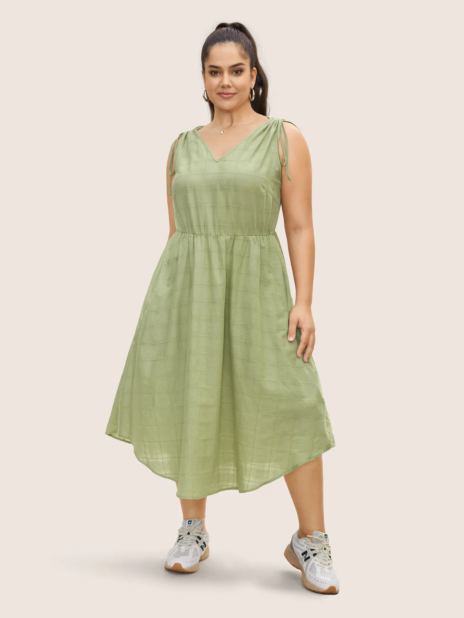 V Neck Solid Textured Drawstring Midi Dress sold by Bloomchic
