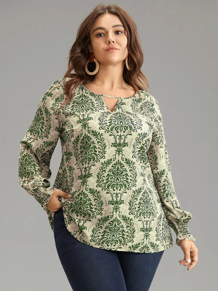 Bandana Print Keyhole Shirred Lantern Sleeve Blouse sold by Bloomchic