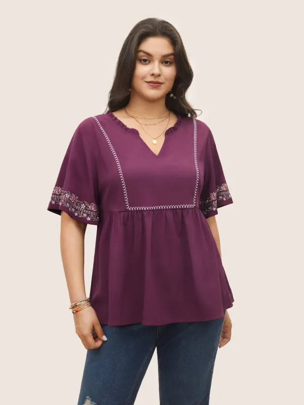 Notched Floral Embroidered Frill Trim Blouse sold by Bloomchic