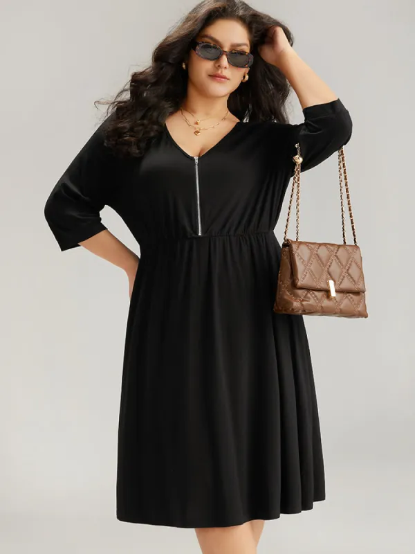 Plain Pocket Elastic Waist Zipper Dress sold by Bloomchic