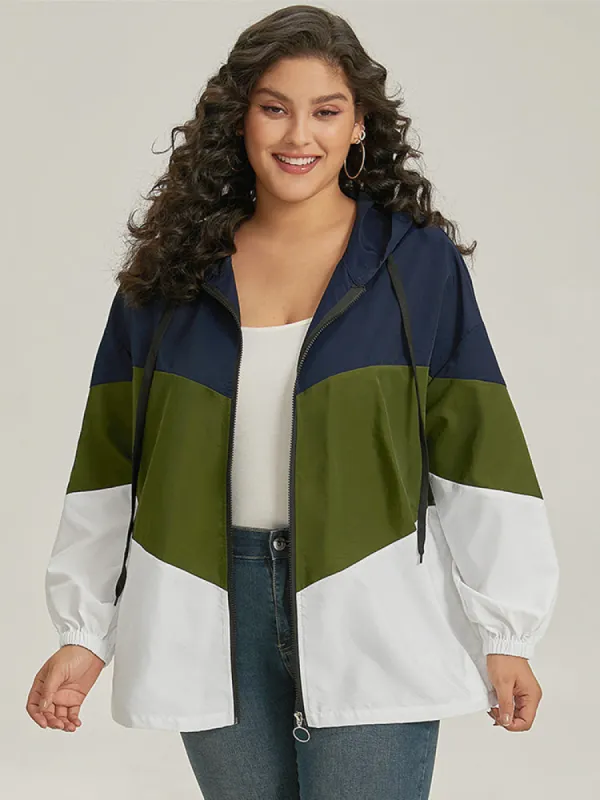 Colorblock Contrast Drawstring Hooded Zipper Jacket sold by Bloomchic