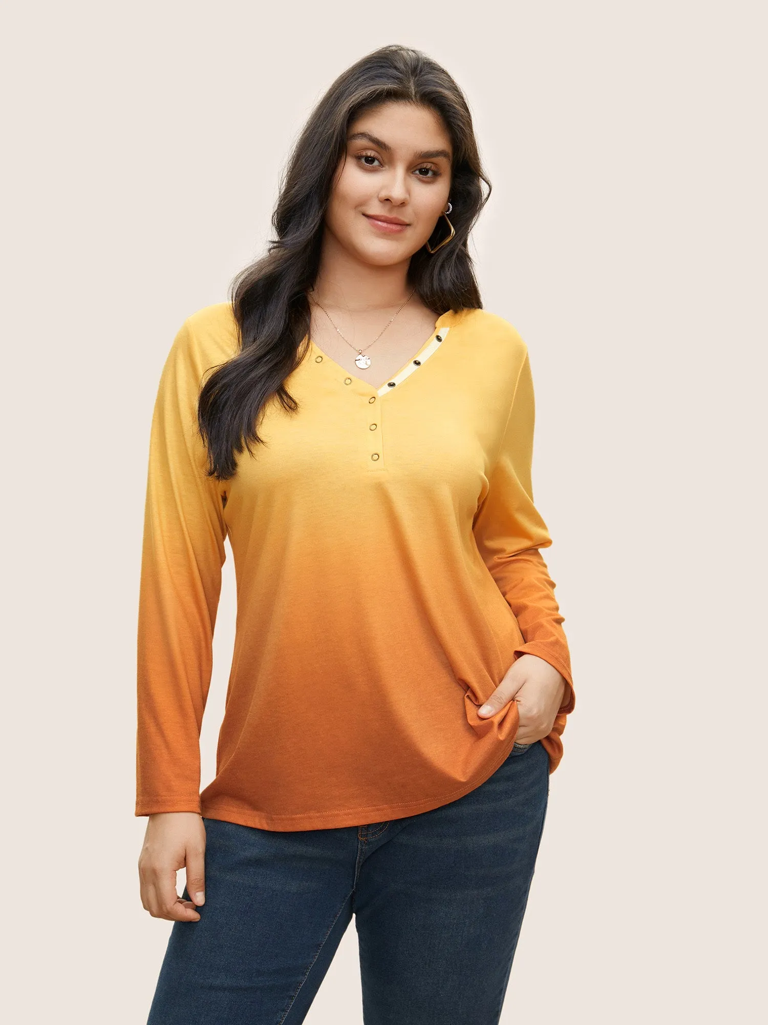 Ombre Contrast Button Up T-shirt sold by Bloomchic