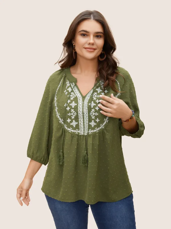 Embroidered Tie Knot Tassels Lantern Sleeve T-shirt sold by Bloomchic