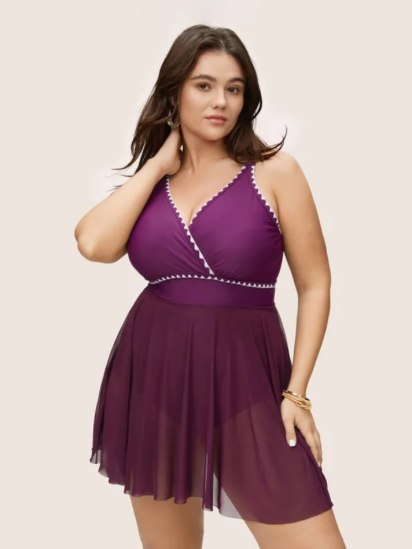 Contrast Embroidered Overlap Collar Swim Dress sold by Bloomchic