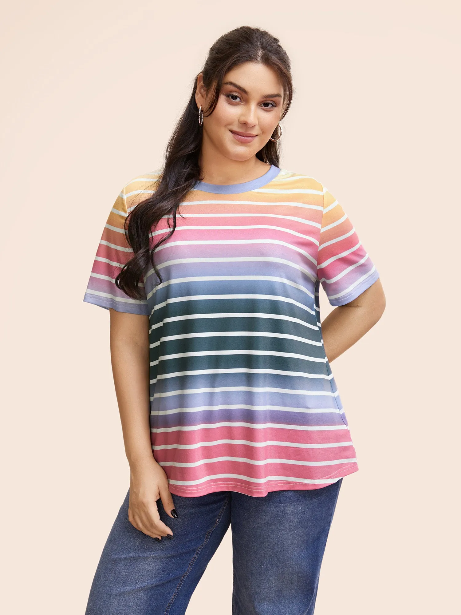 Round Neck Contrast Striped T-shirt sold by Bloomchic