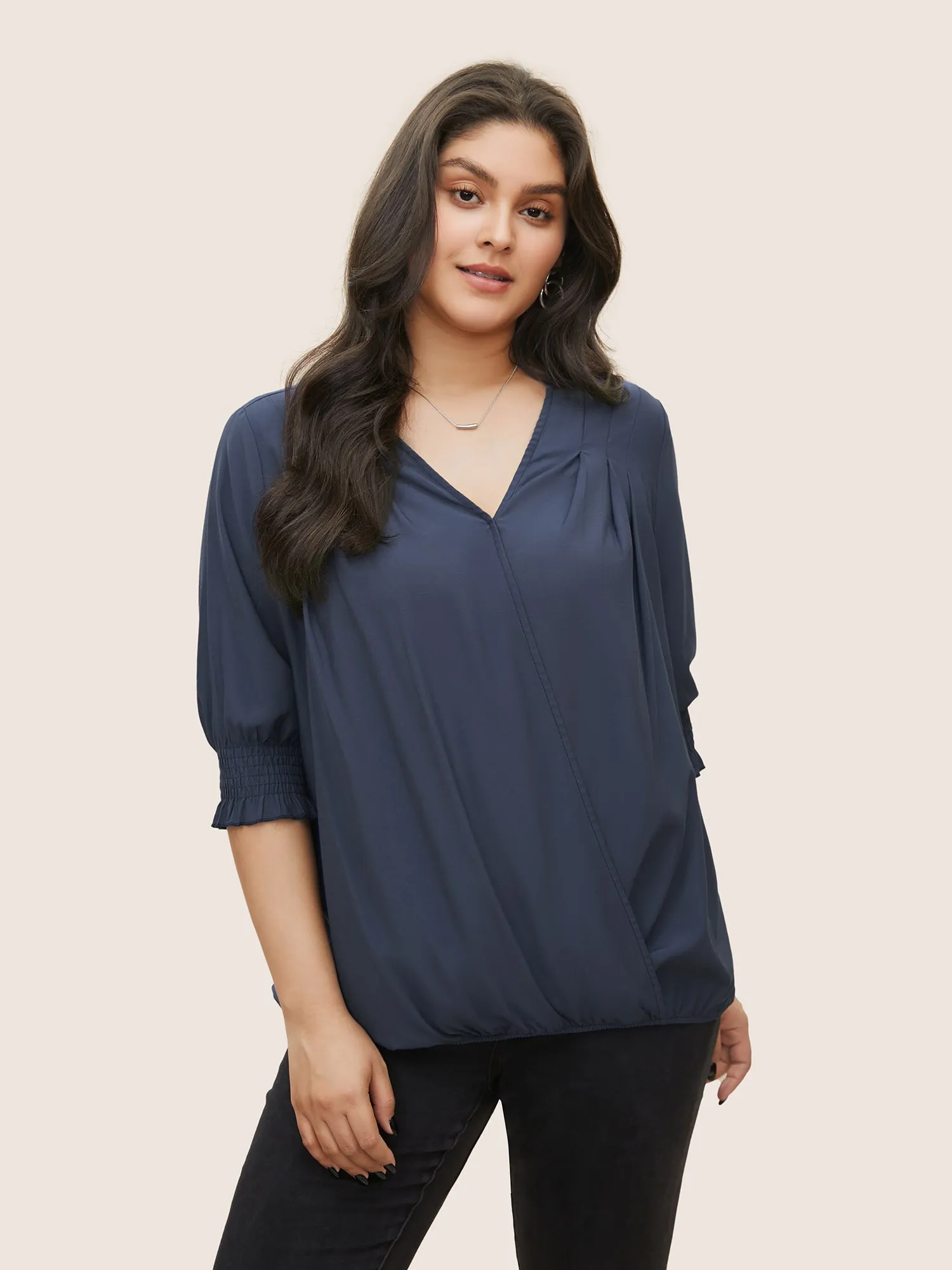 Surplice Neck Shirred Sleeve Pleated Blouse sold by Bloomchic